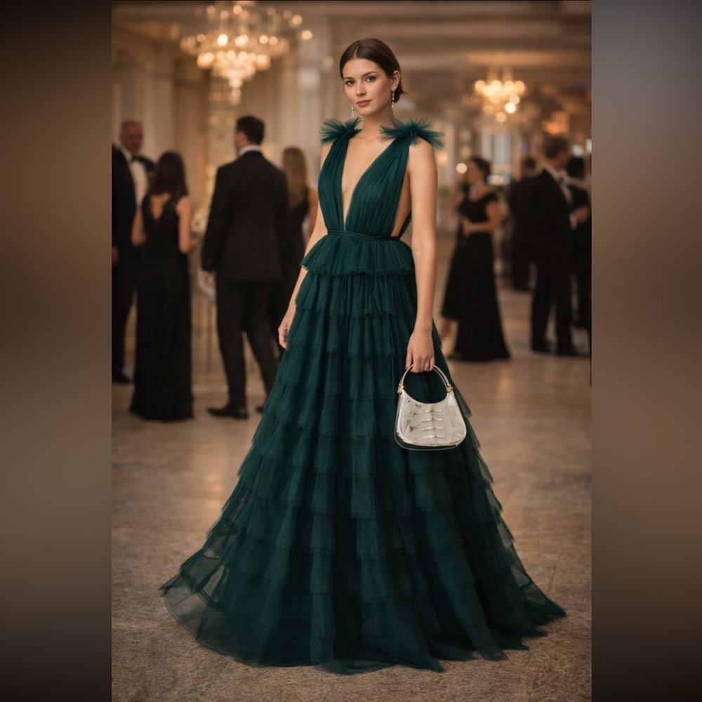 NWT SAU LEE Sabrina Tulle Ruffle Gown in Emerald Green Size 10 - Picture 2 of 16